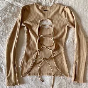 Maniere de voir 4 cream ribbed knit top laced back key hole